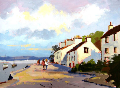 A painting of a sunny seaside walkway with people, white houses on one side, and boats on the water. By Joseph Maxwell Stuart