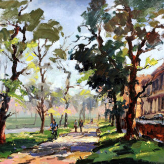 A vibrant painting depicting a sunlit street lined with trees and buildings, with people and a bicycle adding life to the serene scene. By Joseph Maxwell Stuart
