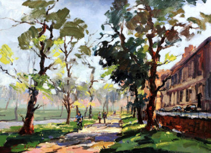 A vibrant painting depicting a sunlit street lined with trees and buildings, with people and a bicycle adding life to the serene scene. By Joseph Maxwell Stuart