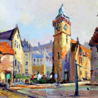 An impressionistic painting of a vibrant, sunlit street scene with historic buildings and a clock tower. By Joseph Maxwell Stuart