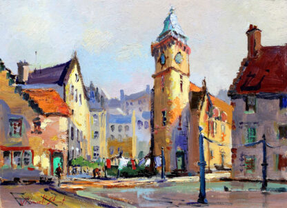 An impressionistic painting of a vibrant, sunlit street scene with historic buildings and a clock tower. By Joseph Maxwell Stuart