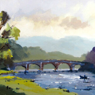 A vibrant painting depicting a tranquil river scene with a bridge and trees under a pastel sky. By Joseph Maxwell Stuart