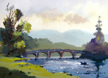 A vibrant painting depicting a tranquil river scene with a bridge and trees under a pastel sky. By Joseph Maxwell Stuart