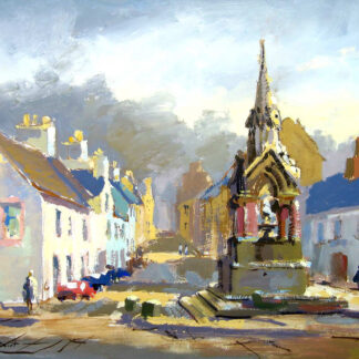 The image depicts a bright, impressionistic painting of a charming street scene with buildings and a central monument under a hazy sky. By Joseph Maxwell Stuart