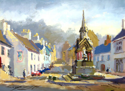 The image depicts a bright, impressionistic painting of a charming street scene with buildings and a central monument under a hazy sky. By Joseph Maxwell Stuart