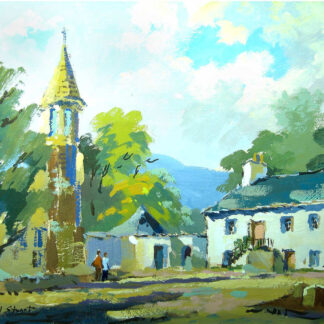An impressionistic painting of a village scene with white buildings, a church steeple, and figures under a bright sky. By Joseph Maxwell Stuart