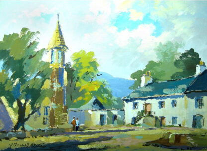 An impressionistic painting of a village scene with white buildings, a church steeple, and figures under a bright sky. By Joseph Maxwell Stuart