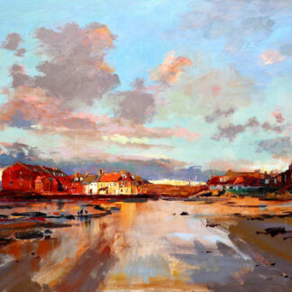 A vibrant painting of a coastal village at sunset with reflections on the water and expressive brushstrokes emphasizing the sky's and water's hues. By Joseph Maxwell Stuart