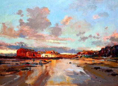 A vibrant painting of a coastal village at sunset with reflections on the water and expressive brushstrokes emphasizing the sky's and water's hues. By Joseph Maxwell Stuart