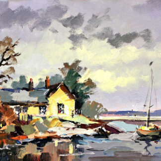 The image is a colorful painting featuring a waterside scene with boats, a house, and trees under a cloudy sky. By Joseph Maxwell Stuart