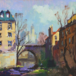 A colorful impressionist painting depicting buildings along a river with a bridge and trees under a bright sky. By Joseph Maxwell Stuart