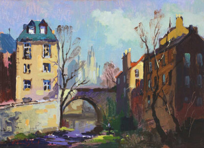 A colorful impressionist painting depicting buildings along a river with a bridge and trees under a bright sky. By Joseph Maxwell Stuart