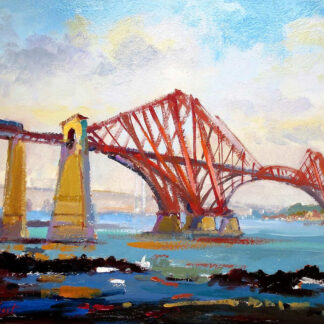 The image depicts an impressionistic painting of the Forth Bridge, a cantilever railway bridge, under a vibrant sky. By Joseph Maxwell Stuart