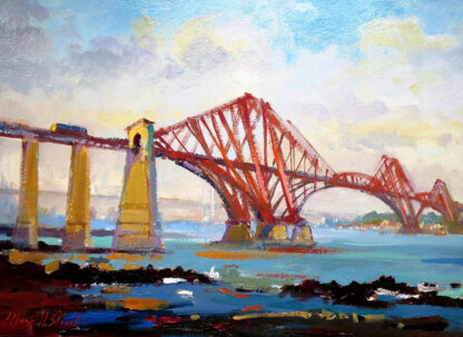 The image depicts an impressionistic painting of the Forth Bridge, a cantilever railway bridge, under a vibrant sky. By Joseph Maxwell Stuart