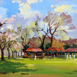 A vibrant oil painting depicting a rural scene with trees, a few buildings, and people in a field under a blue sky with fluffy clouds. By Joseph Maxwell Stuart
