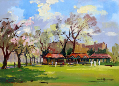 A vibrant oil painting depicting a rural scene with trees, a few buildings, and people in a field under a blue sky with fluffy clouds. By Joseph Maxwell Stuart