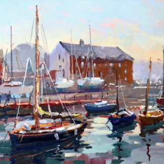 A colorful painting of boats moored in a tranquil harbor with buildings in the background during sunset or sunrise. By Joseph Maxwell Stuart