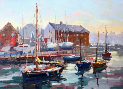 A colorful painting of boats moored in a tranquil harbor with buildings in the background during sunset or sunrise. By Joseph Maxwell Stuart