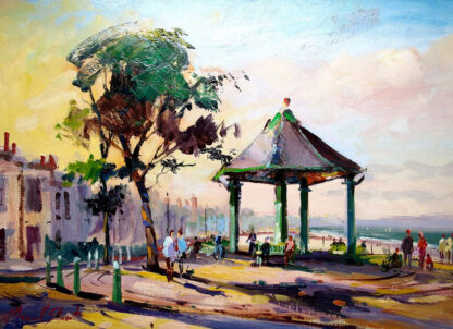 The image is a colorful impressionistic painting of a lively park scene with people, trees, a gazebo, and a view of the sea in the background. By Joseph Maxwell Stuart