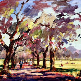 A vibrant, impressionist-style painting depicting a park with trees, people strolling, and others seated on the grass under a dynamic, brush-stroked sky. By Joseph Maxwell Stuart