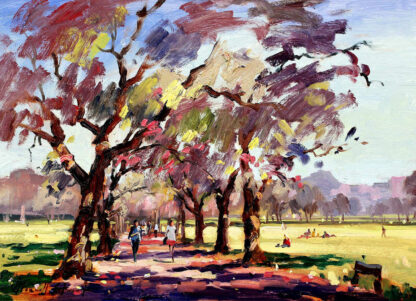 A vibrant, impressionist-style painting depicting a park with trees, people strolling, and others seated on the grass under a dynamic, brush-stroked sky. By Joseph Maxwell Stuart