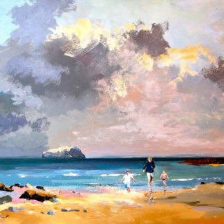 The image is a vibrant painting depicting two children playing on a sunny beach with dramatic clouds in the sky and a rock formation in the distance. By Joseph Maxwell Stuart