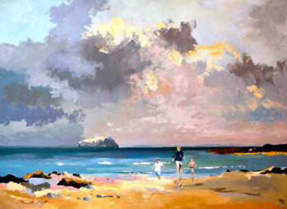 The image is a vibrant painting depicting two children playing on a sunny beach with dramatic clouds in the sky and a rock formation in the distance. By Joseph Maxwell Stuart