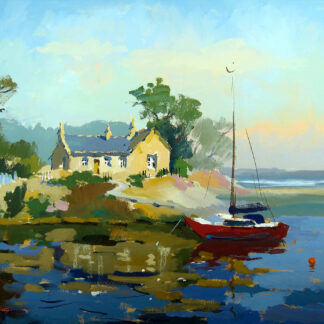 A painting of a coastal scene with a red sailboat moored near a cottage by the water. By Joseph Maxwell Stuart