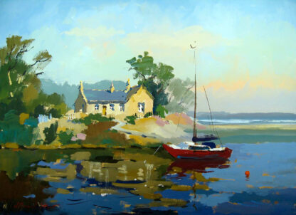 A painting of a coastal scene with a red sailboat moored near a cottage by the water. By Joseph Maxwell Stuart