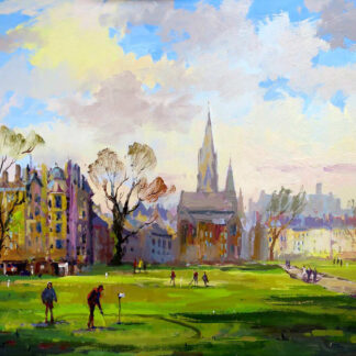 A vibrant painting depicting people enjoying a sunny day in a park with colorful buildings and church spires in the background. By Joseph Maxwell Stuart