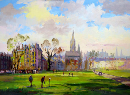 A vibrant painting depicting people enjoying a sunny day in a park with colorful buildings and church spires in the background. By Joseph Maxwell Stuart