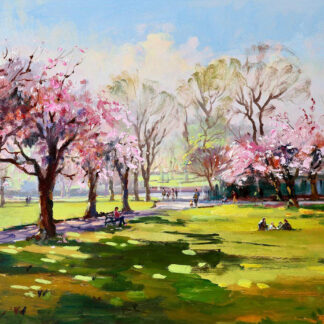 A vibrant painting depicting a park with blooming pink trees, people enjoying the scenery, and lush green grass under a bright sky. By Joseph Maxwell Stuart