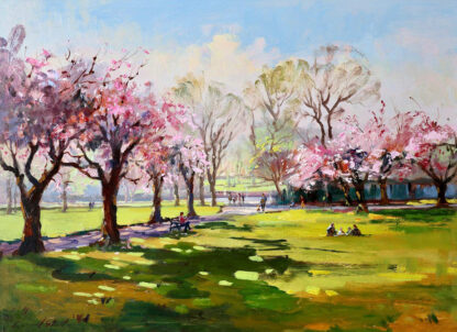 A vibrant painting depicting a park with blooming pink trees, people enjoying the scenery, and lush green grass under a bright sky. By Joseph Maxwell Stuart