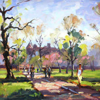An impressionistic painting depicting people strolling through a vibrant, sunlit park with tall trees and dappled shadows on the path. By Joseph Maxwell Stuart