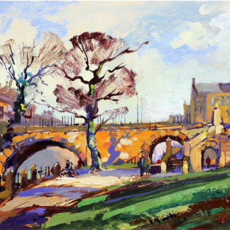 An impressionist-style painting depicting a vibrant street scene with a bridge, buildings, trees, and figures under a bright sky. By Joseph Maxwell Stuart