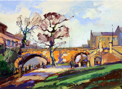 An impressionist-style painting depicting a vibrant street scene with a bridge, buildings, trees, and figures under a bright sky. By Joseph Maxwell Stuart