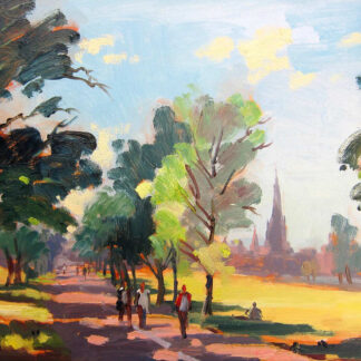 An impressionistic painting of people walking through a park with trees and a church spire in the background. By Joseph Maxwell Stuart