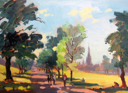 An impressionistic painting of people walking through a park with trees and a church spire in the background. By Joseph Maxwell Stuart