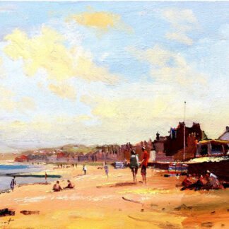 A vibrant beach scene painting with people, buildings on the shore, and a clear sky. By Joseph Maxwell Stuart