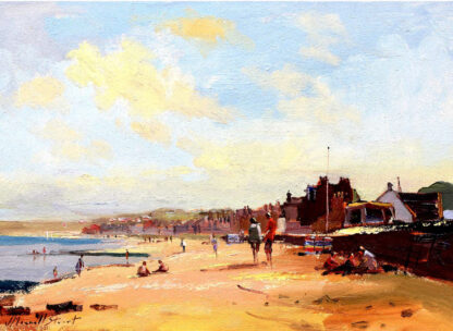 A vibrant beach scene painting with people, buildings on the shore, and a clear sky. By Joseph Maxwell Stuart