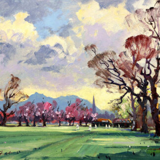 The image is a vibrant, impressionistic painting of a landscape featuring trees, mountains in the background, and a sky with fluffy clouds. By Joseph Maxwell Stuart