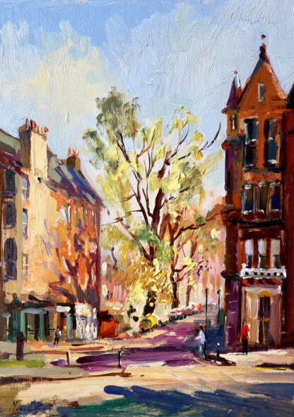 An impressionistic painting depicting a vibrant street scene with buildings, trees, and people under a blue sky. By Joseph Maxwell Stuart