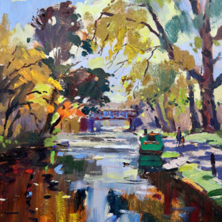 A vibrant, impressionistic painting depicting a tree-lined river with reflections in the water and figures in the distance. By Joseph Maxwell Stuart
