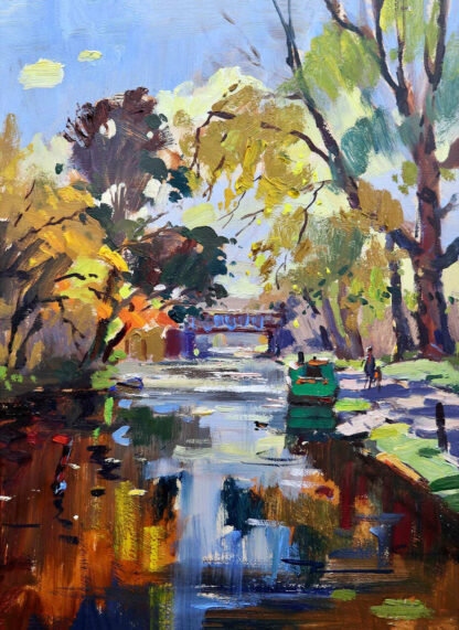 A vibrant, impressionistic painting depicting a tree-lined river with reflections in the water and figures in the distance. By Joseph Maxwell Stuart