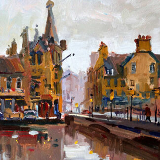 The image depicts a vibrant street scene painting with buildings and reflections on a wet road, rendered in an impressionistic style. By Joseph Maxwell Stuart