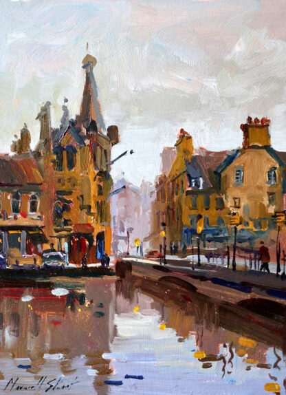 The image depicts a vibrant street scene painting with buildings and reflections on a wet road, rendered in an impressionistic style. By Joseph Maxwell Stuart