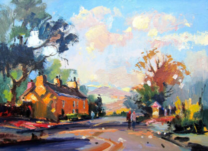 A colorful impressionist-style painting of a rural landscape featuring a house, trees, and figures on a path under a bright sky. By Joseph Maxwell Stuart