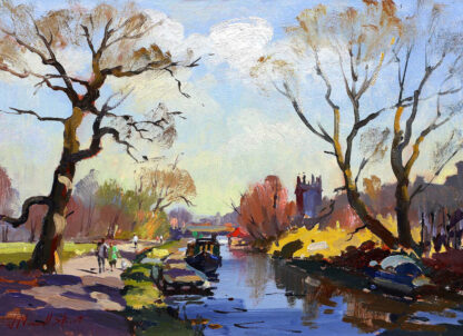 A vibrant painting depicting a serene riverside landscape with people strolling, trees, and boats under a blue sky with fluffy clouds. By Joseph Maxwell Stuart