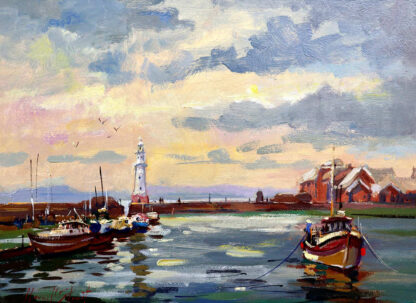 A vibrant painting of a coastal scene with boats on water, a lighthouse in the background, and a dynamic sky. By Joseph Maxwell Stuart