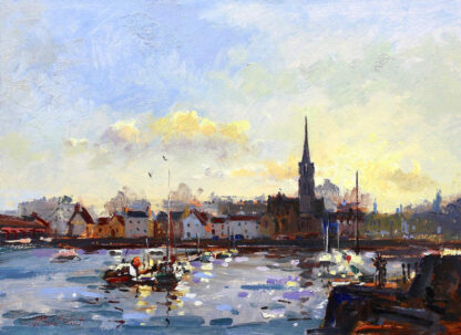 A vibrant painting depicting a scenic riverfront with boats, buildings, and a church under a cloudy sky. By Joseph Maxwell Stuart